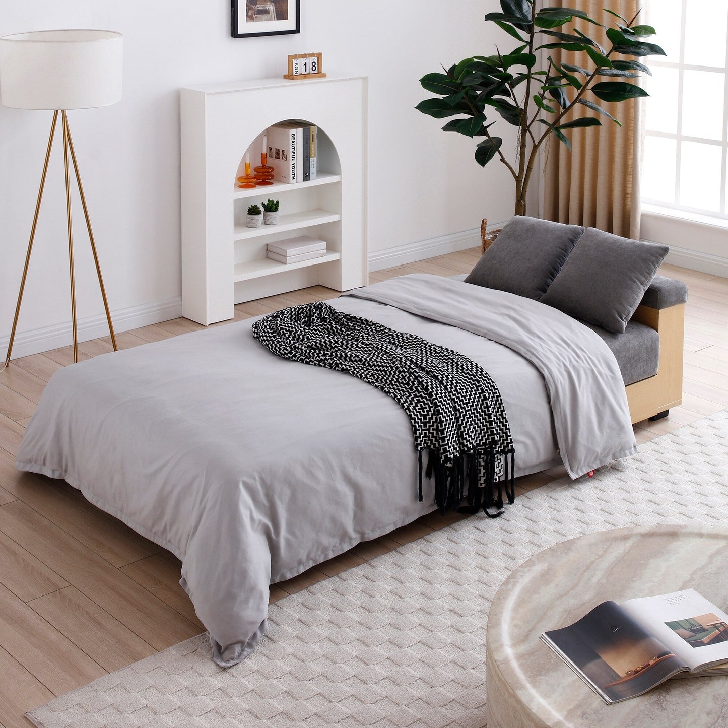 Divano letto trasformabile in lino e cotone a 3 posti con pouf contenitore, tavolo a ribalta, 2 cassetti, 84,65 €