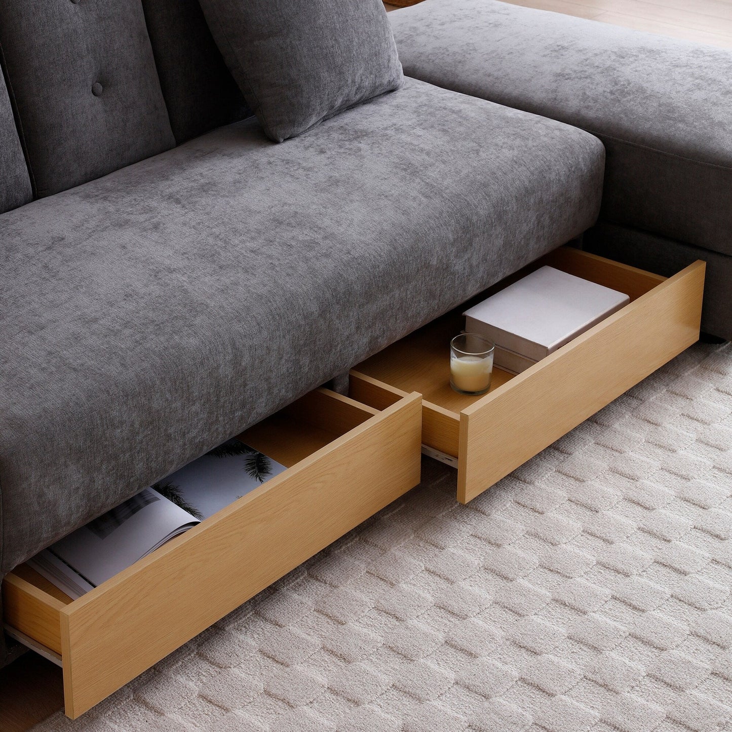 Divano letto trasformabile in lino e cotone a 3 posti con pouf contenitore, tavolo a ribalta, 2 cassetti, 84,65 €