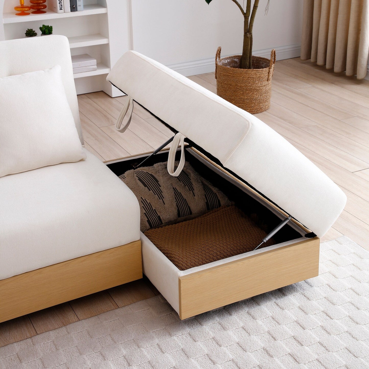 Divano letto trasformabile in lino e cotone a 3 posti con pouf contenitore, tavolo a ribalta, 2 cassetti, 84,65 €