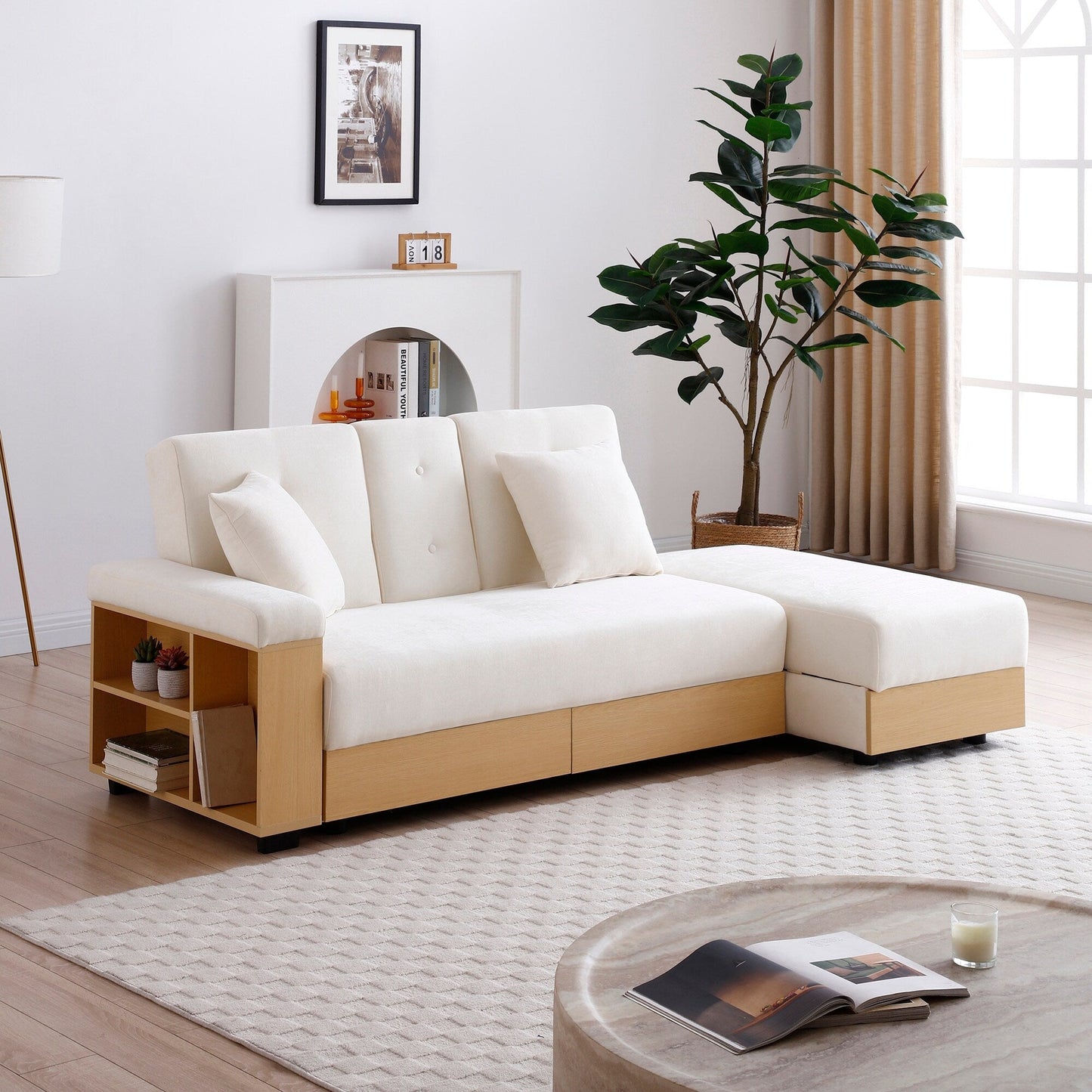 Divano letto trasformabile in lino e cotone a 3 posti con pouf contenitore, tavolo a ribalta, 2 cassetti, 84,65 €