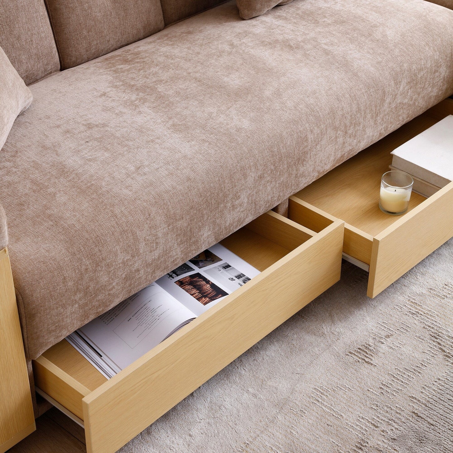 Divano letto trasformabile in lino e cotone a 3 posti con pouf contenitore, tavolo a ribalta, 2 cassetti, 84,65 €