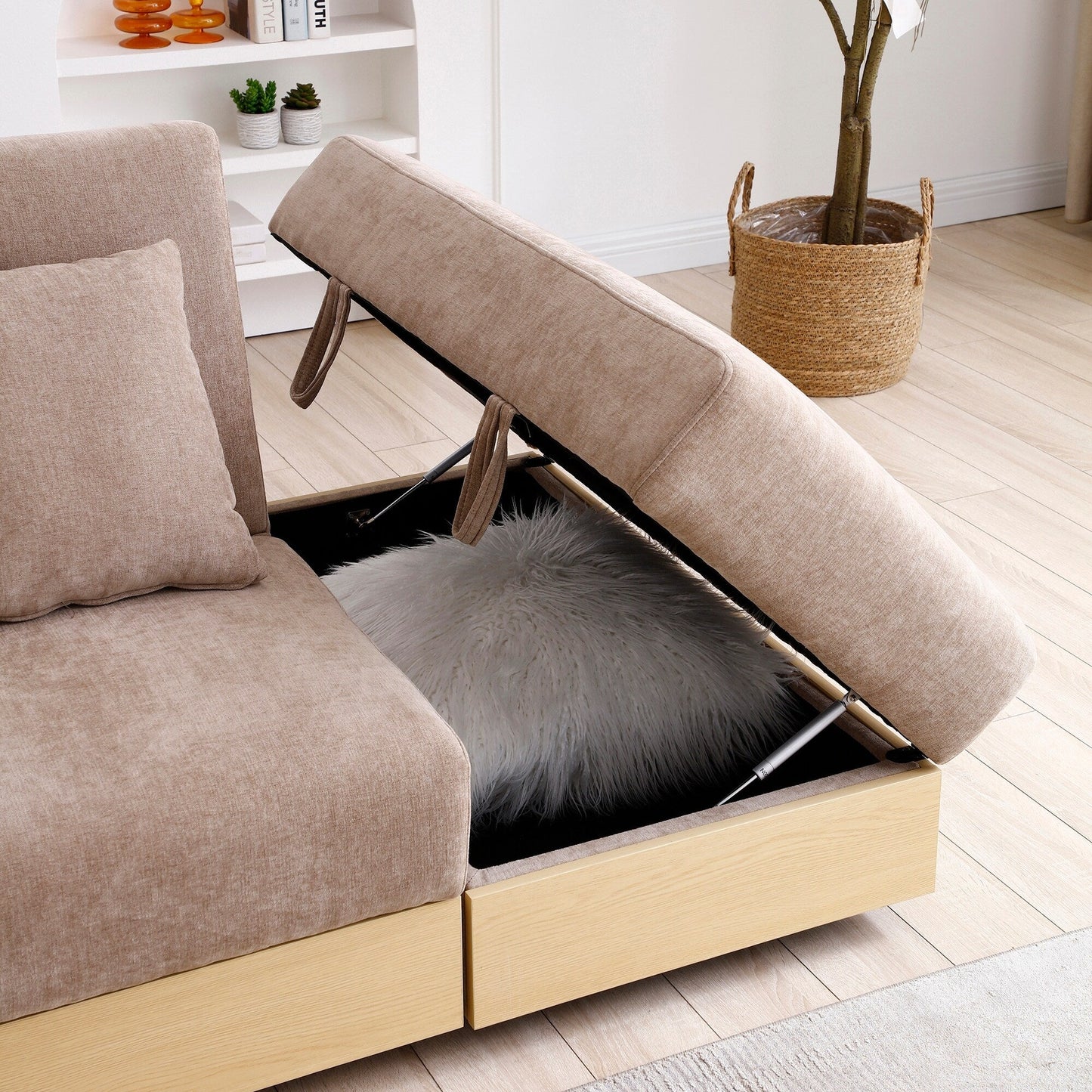 Divano letto trasformabile in lino e cotone a 3 posti con pouf contenitore, tavolo a ribalta, 2 cassetti, 84,65 €