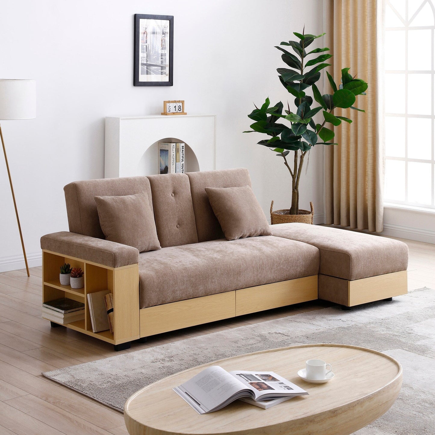 Divano letto trasformabile in lino e cotone a 3 posti con pouf contenitore, tavolo a ribalta, 2 cassetti, 84,65 €