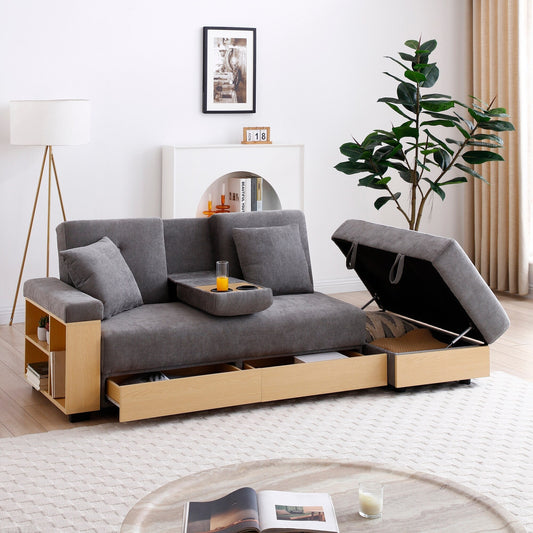 Divano letto trasformabile in lino e cotone a 3 posti con pouf contenitore, tavolo a ribalta, 2 cassetti, 84,65 €