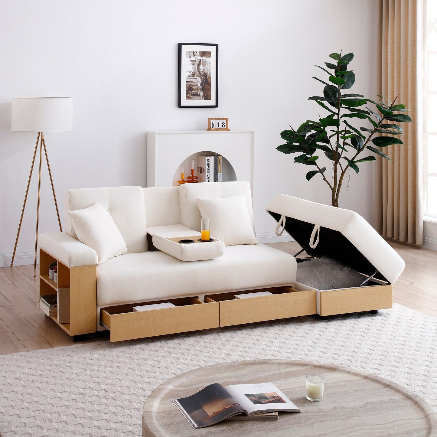 Divano letto trasformabile in lino e cotone a 3 posti con pouf contenitore, tavolo a ribalta, 2 cassetti, 84,65 €