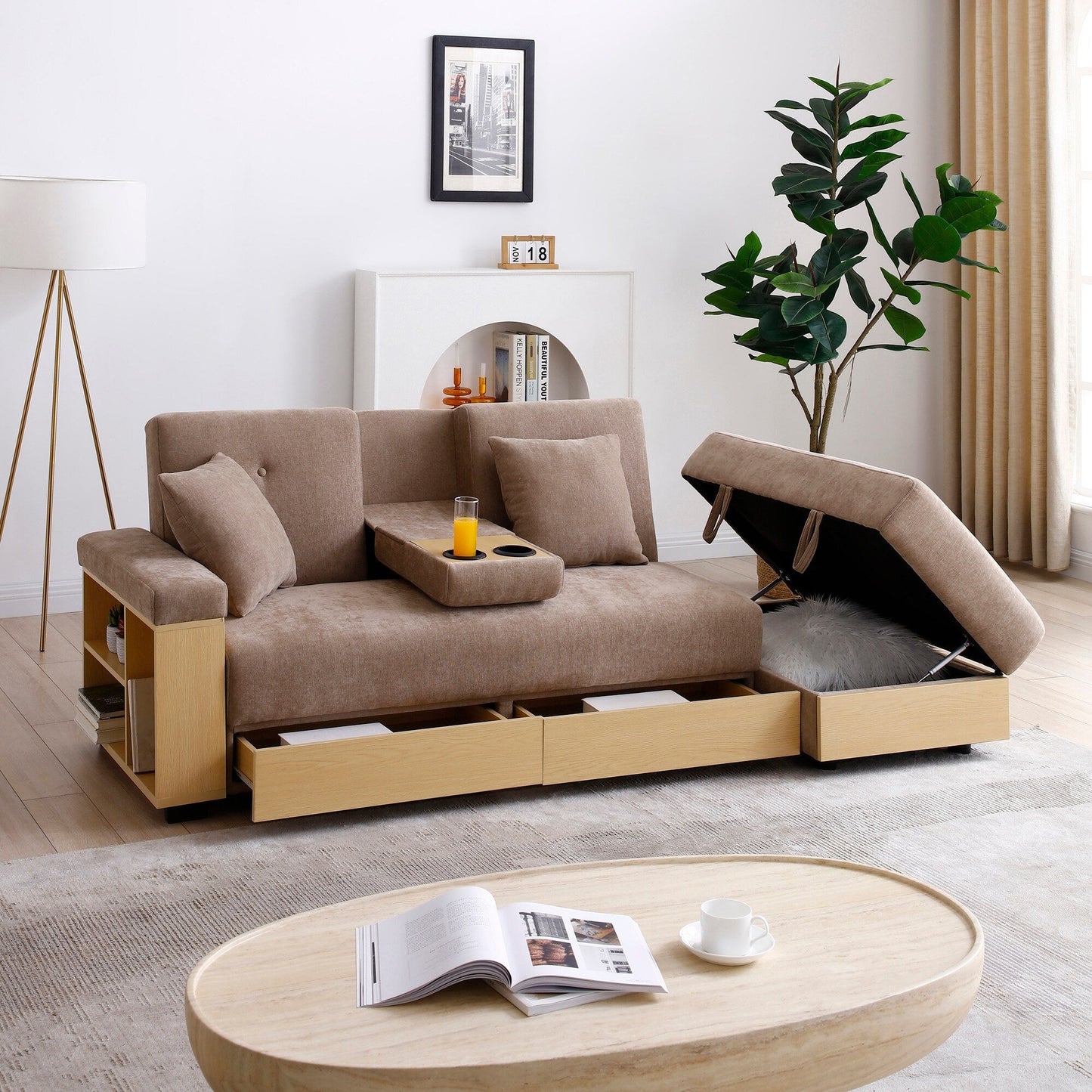 Divano letto trasformabile in lino e cotone a 3 posti con pouf contenitore, tavolo a ribalta, 2 cassetti, 84,65 €