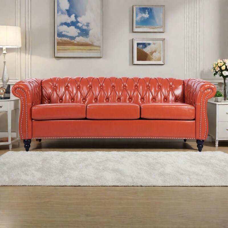Divano Chesterfield in pelle PU da 84,65 pollici con braccioli arrotolati (3 posti)