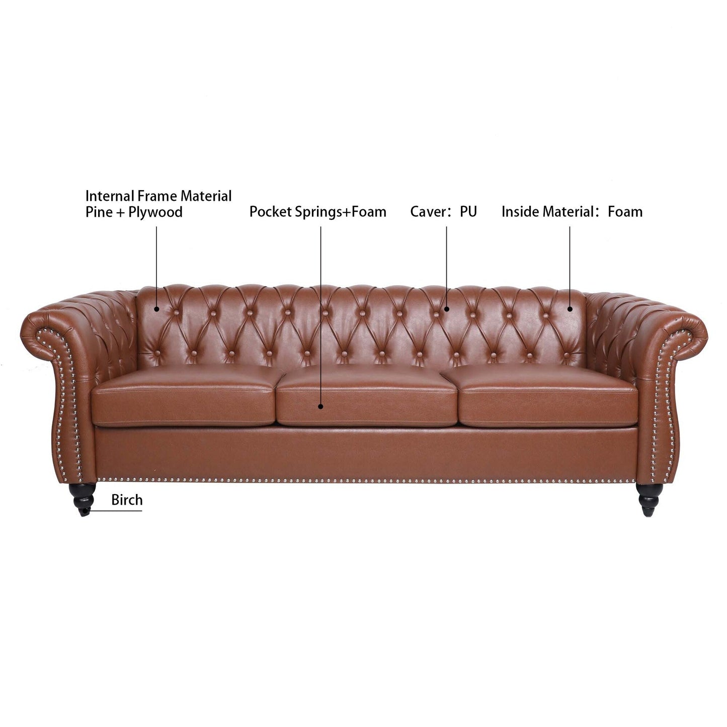 Divano Chesterfield in pelle PU da 84,65 pollici con braccioli arrotolati (3 posti)