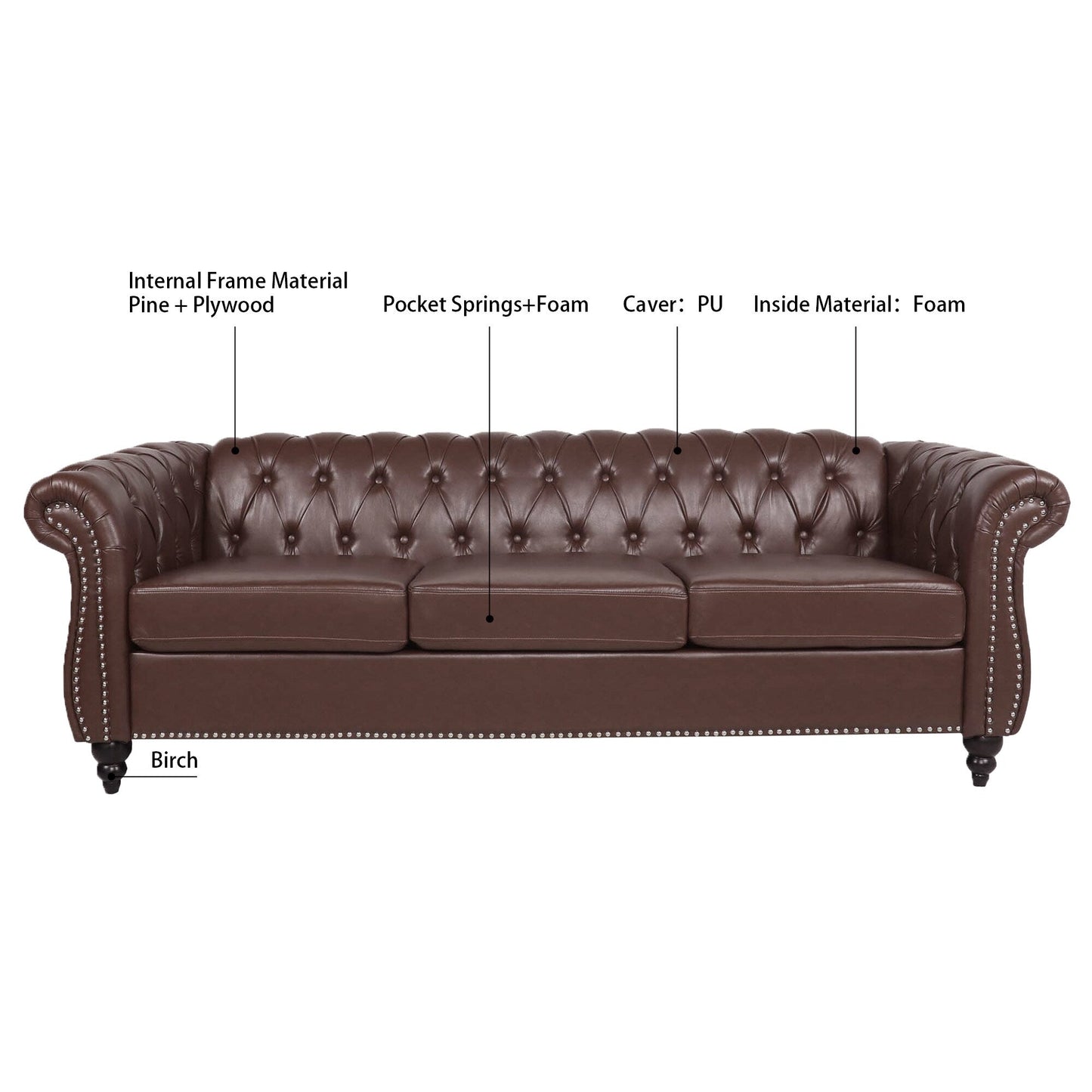 Divano Chesterfield in pelle PU da 84,65 pollici con braccioli arrotolati (3 posti)