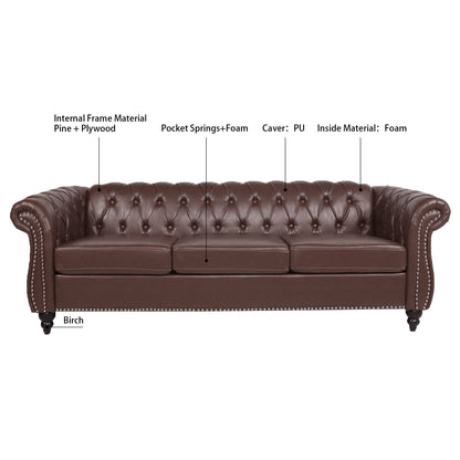 Divano Chesterfield in pelle PU da 84,65 pollici con braccioli arrotolati (3 posti)