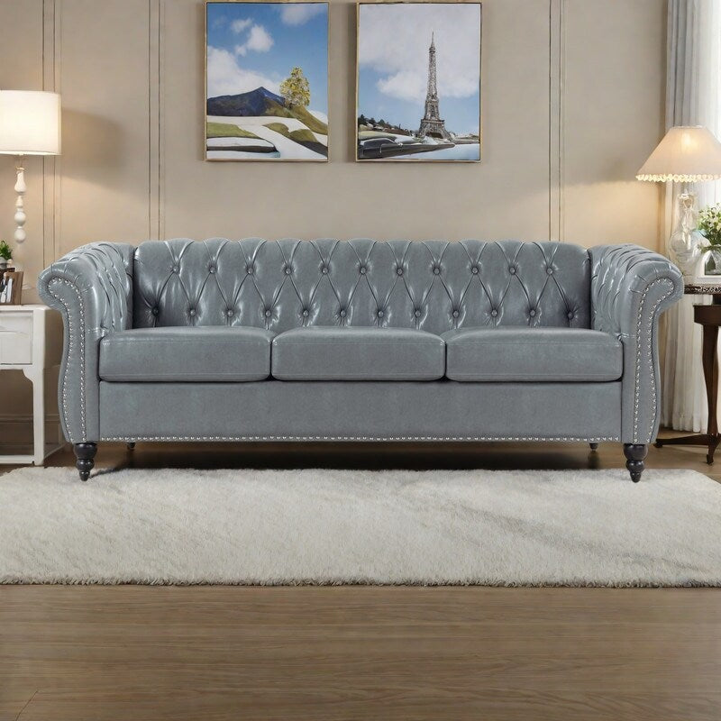 Divano Chesterfield in pelle PU da 84,65 pollici con braccioli arrotolati (3 posti)