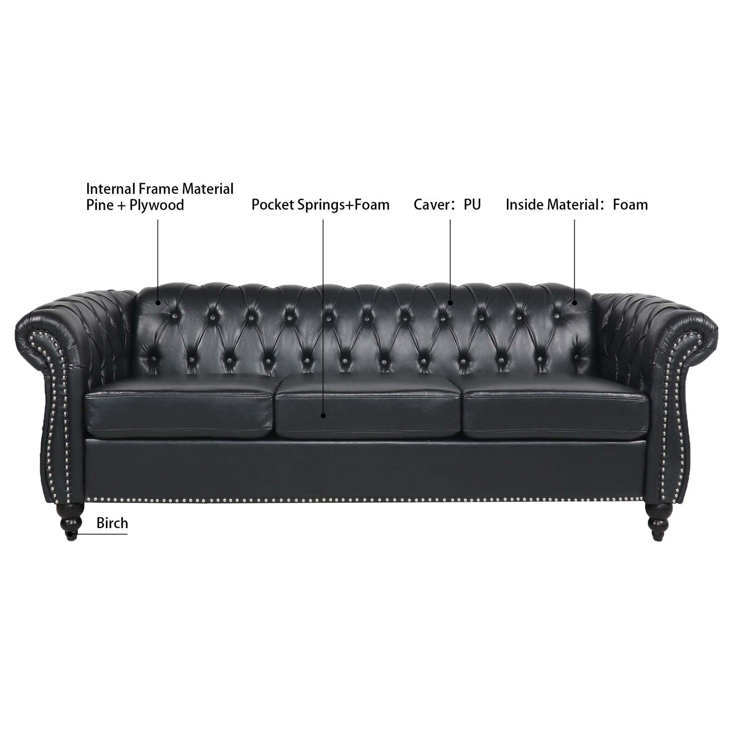 Divano Chesterfield in pelle PU da 84,65 pollici con braccioli arrotolati (3 posti)