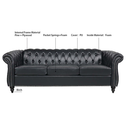 Divano Chesterfield in pelle PU da 84,65 pollici con braccioli arrotolati (3 posti)