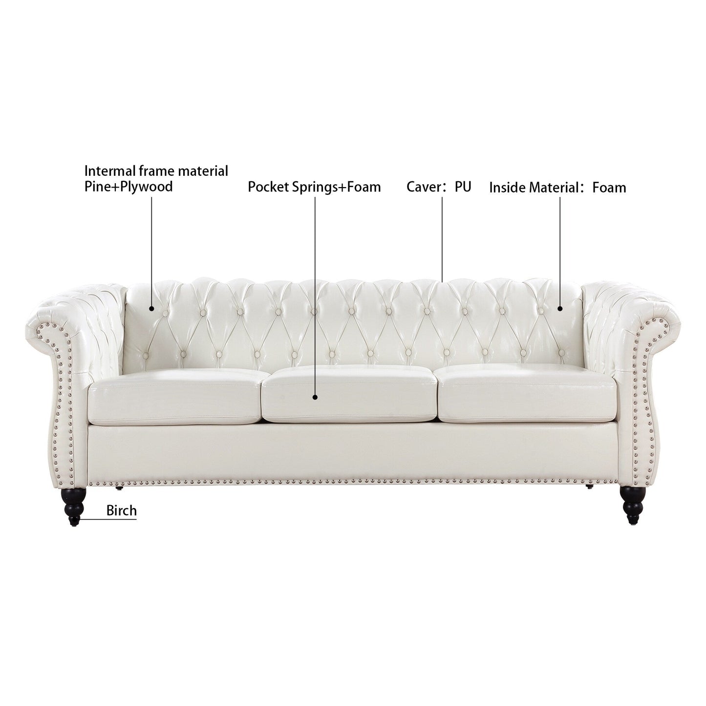 Divano Chesterfield in pelle PU da 84,65 pollici con braccioli arrotolati (3 posti)
