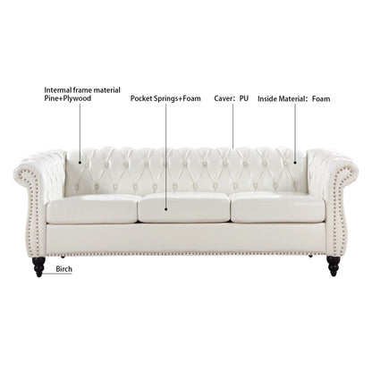 Divano Chesterfield in pelle PU da 84,65 pollici con braccioli arrotolati (3 posti)