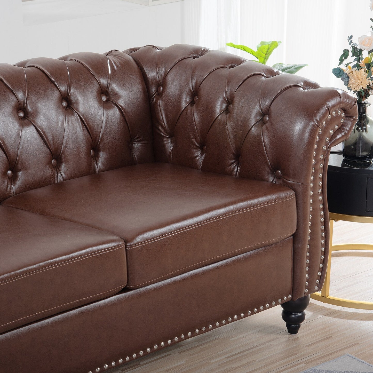 Divano Chesterfield in pelle PU da 84,65 pollici con braccioli arrotolati (3 posti)