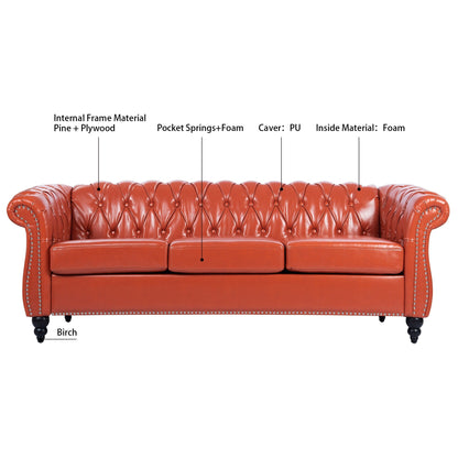 Divano Chesterfield in pelle PU da 84,65 pollici con braccioli arrotolati (3 posti)