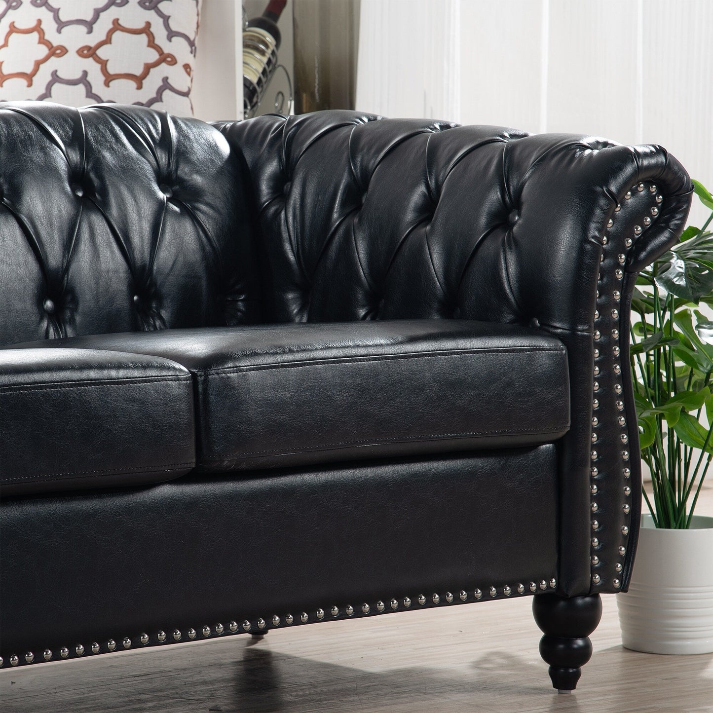 Divano Chesterfield in pelle PU da 84,65 pollici con braccioli arrotolati (3 posti)