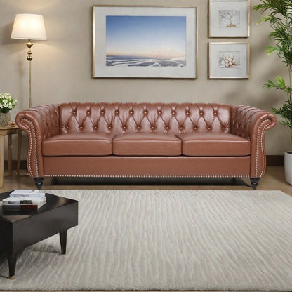 Divano Chesterfield in pelle PU da 84,65 pollici con braccioli arrotolati (3 posti)