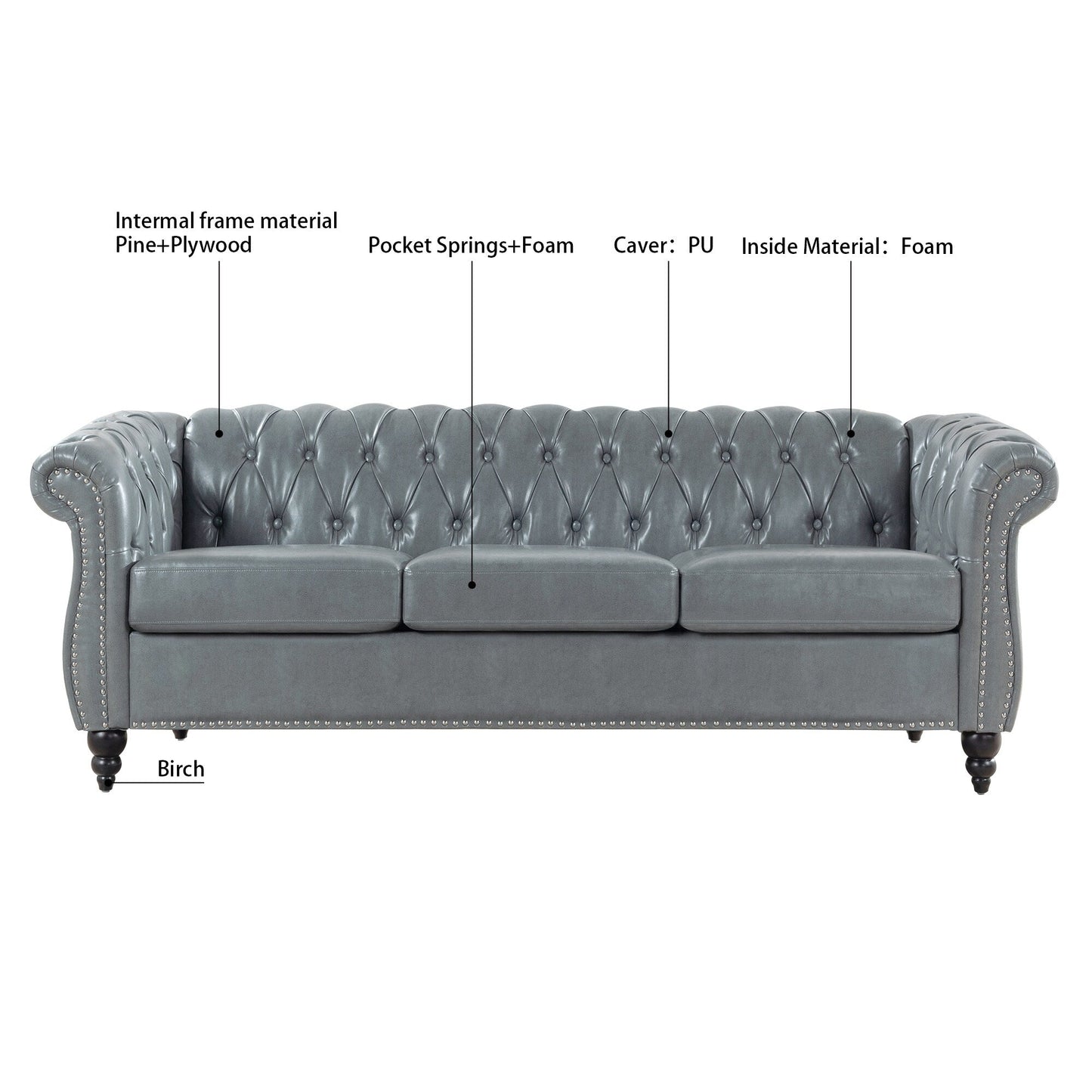 Divano Chesterfield in pelle PU da 84,65 pollici con braccioli arrotolati (3 posti)