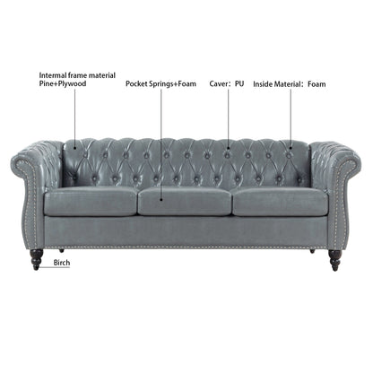 Divano Chesterfield in pelle PU da 84,65 pollici con braccioli arrotolati (3 posti)