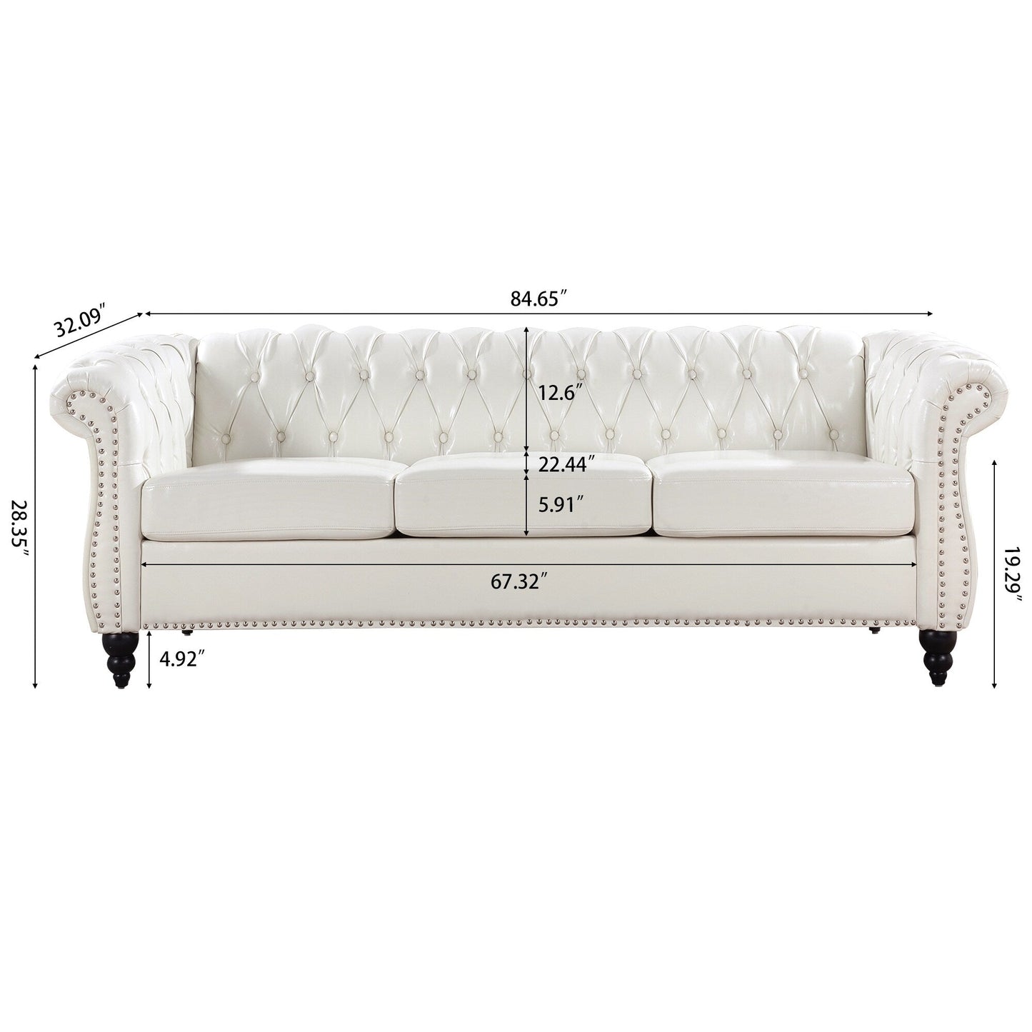 Divano Chesterfield in pelle PU da 84,65 pollici con braccioli arrotolati (3 posti)