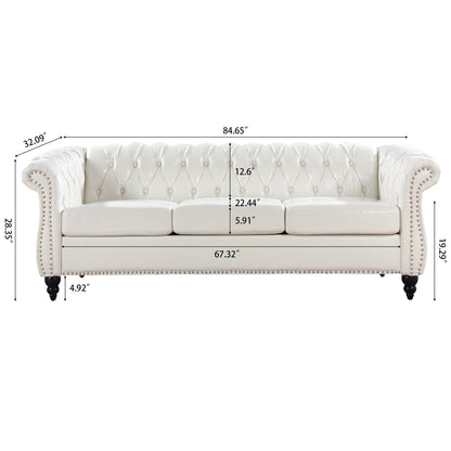 Divano Chesterfield in pelle PU da 84,65 pollici con braccioli arrotolati (3 posti)