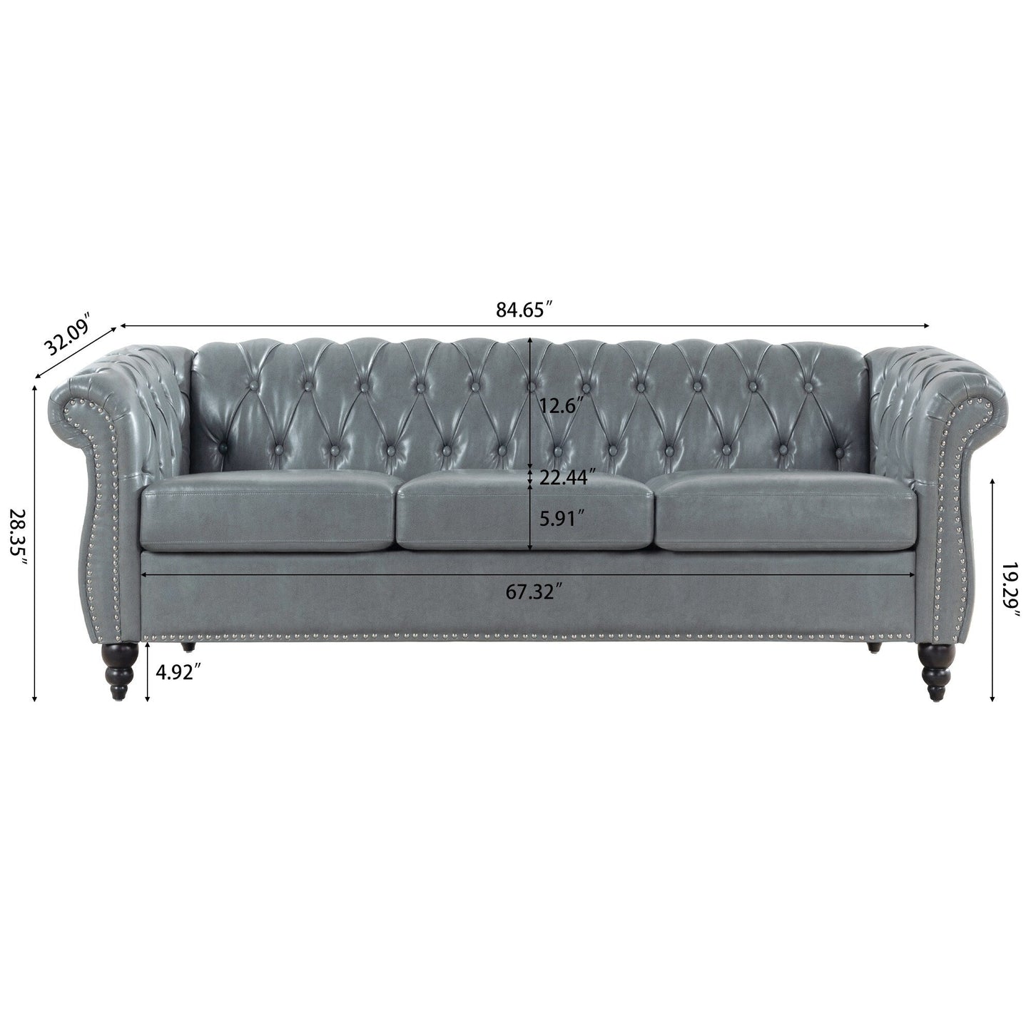 Divano Chesterfield in pelle PU da 84,65 pollici con braccioli arrotolati (3 posti)