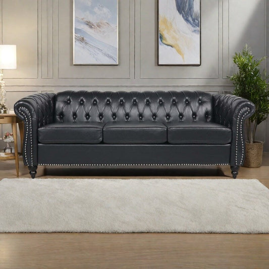Divano Chesterfield in pelle PU da 84,65 pollici con braccioli arrotolati (3 posti)