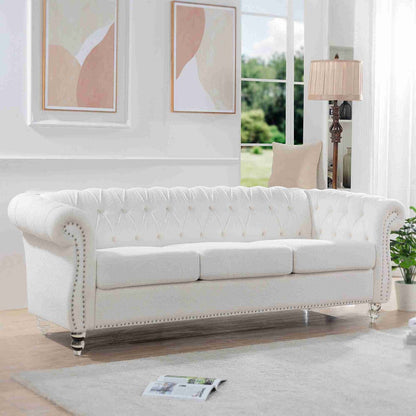 Divano Chesterfield a 3 posti con braccioli arrotolati bianchi 84