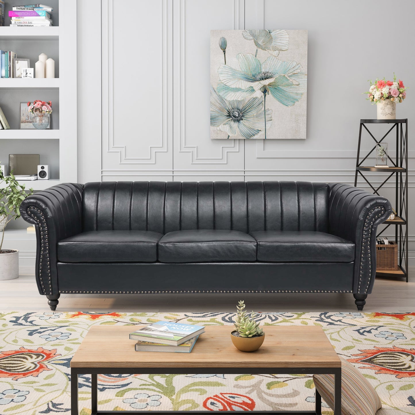 Divano Chesterfield a tre posti con braccioli arrotolati in PU da 84''