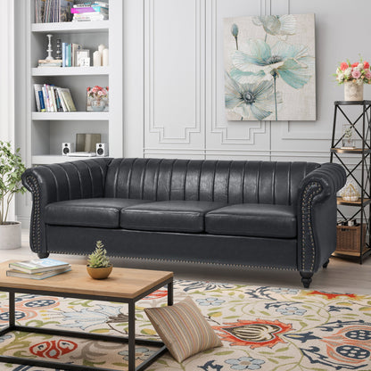 Divano Chesterfield a tre posti con braccioli arrotolati in PU da 84''