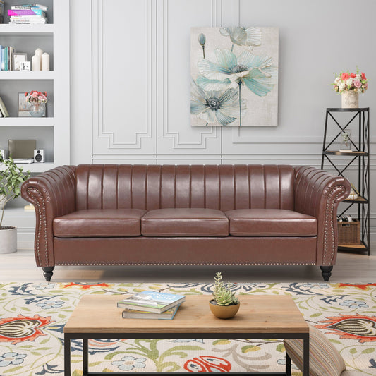 Divano Chesterfield a tre posti con braccioli arrotolati in PU da 84''