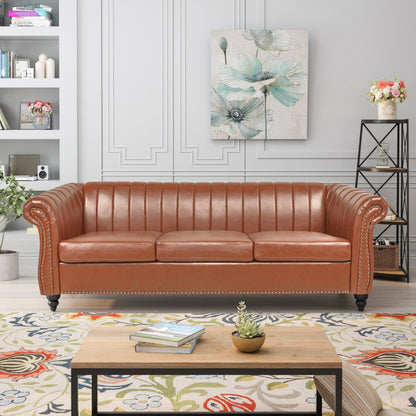 Divano Chesterfield a tre posti con braccioli arrotolati in PU da 84''