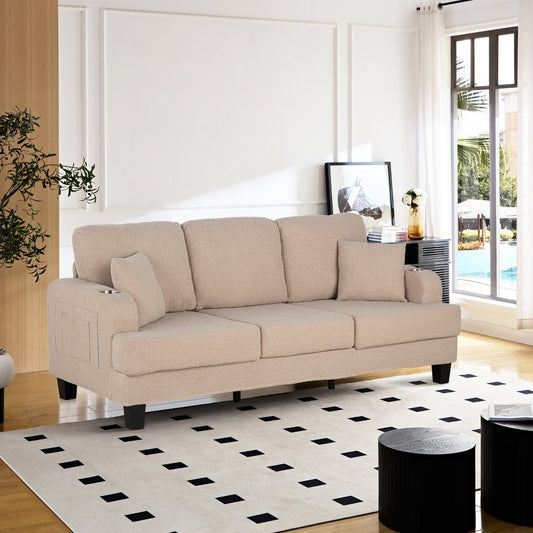 Divano moderno a 3 posti in velluto a coste beige con USB e 2 cuscini