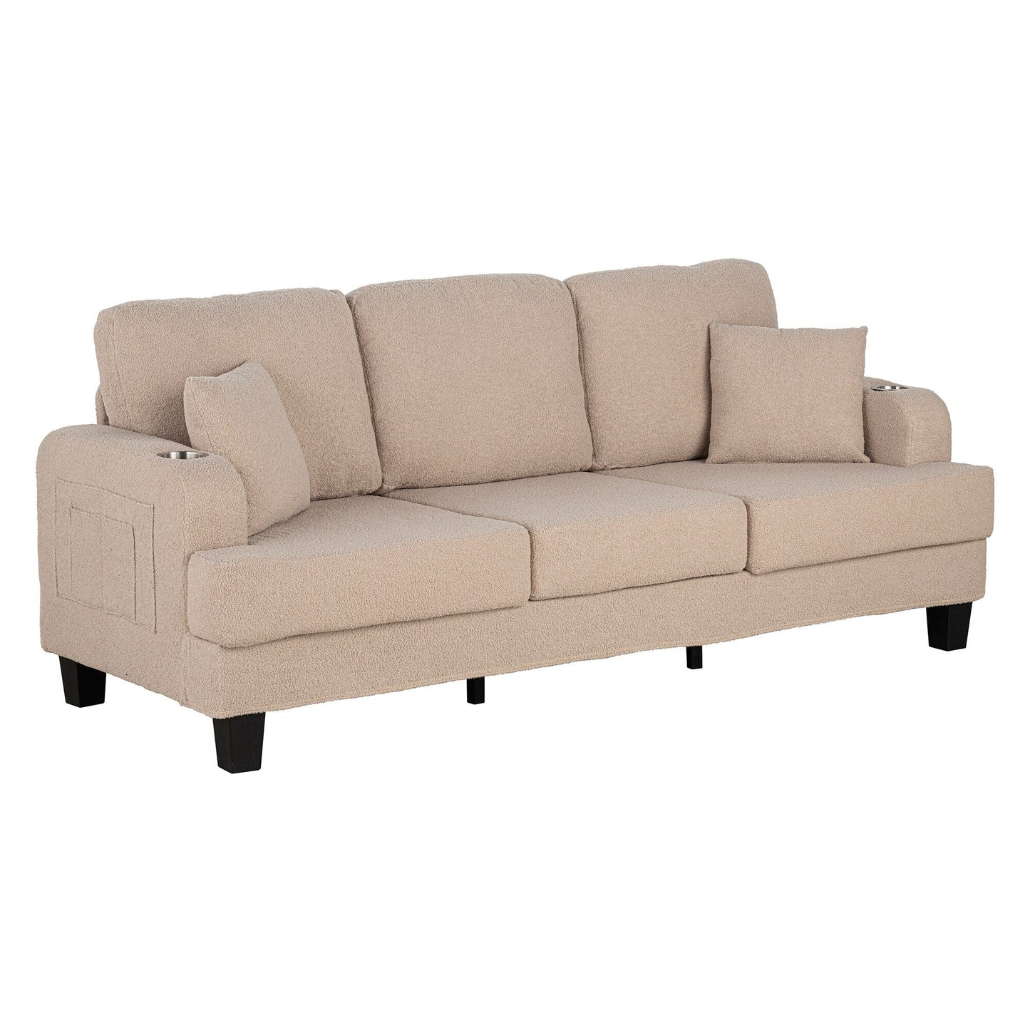 Divano moderno a 3 posti in velluto a coste beige con USB e 2 cuscini