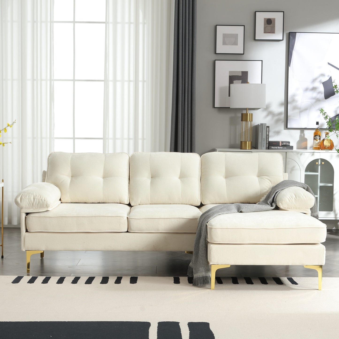 Divano a 3 posti a forma di L in tessuto da 85'', con chaise longue, cuscini rinforzati a molle, struttura in legno e cuscini per la vita