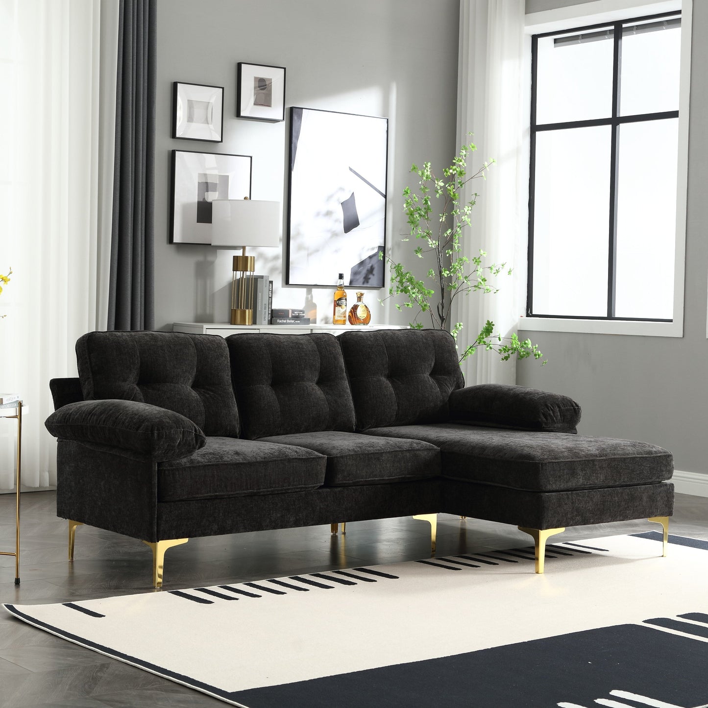 Divano a 3 posti a forma di L in tessuto da 85'', con chaise longue, cuscini rinforzati a molle, struttura in legno e cuscini per la vita