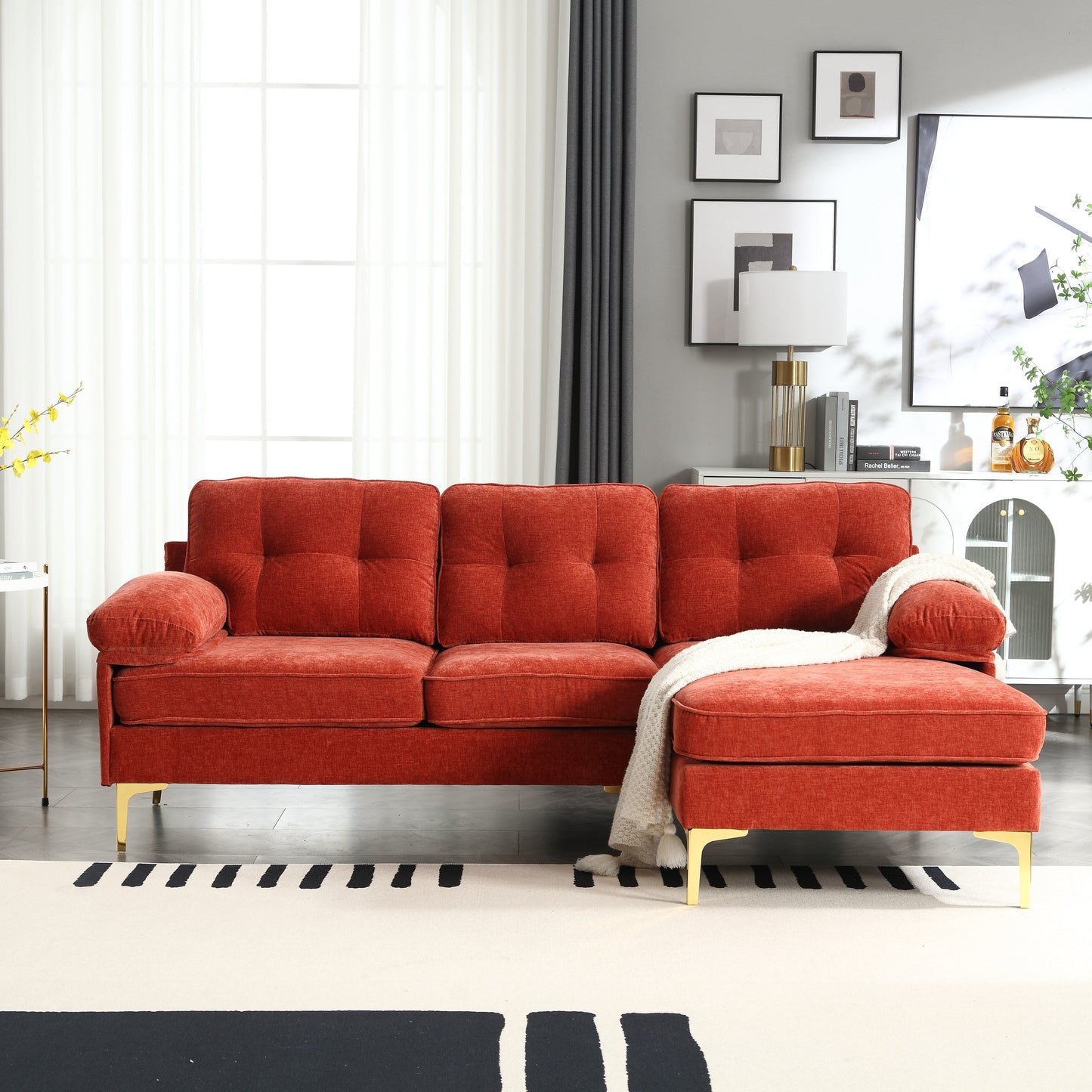 Divano a 3 posti a forma di L in tessuto da 85'', con chaise longue, cuscini rinforzati a molle, struttura in legno e cuscini per la vita