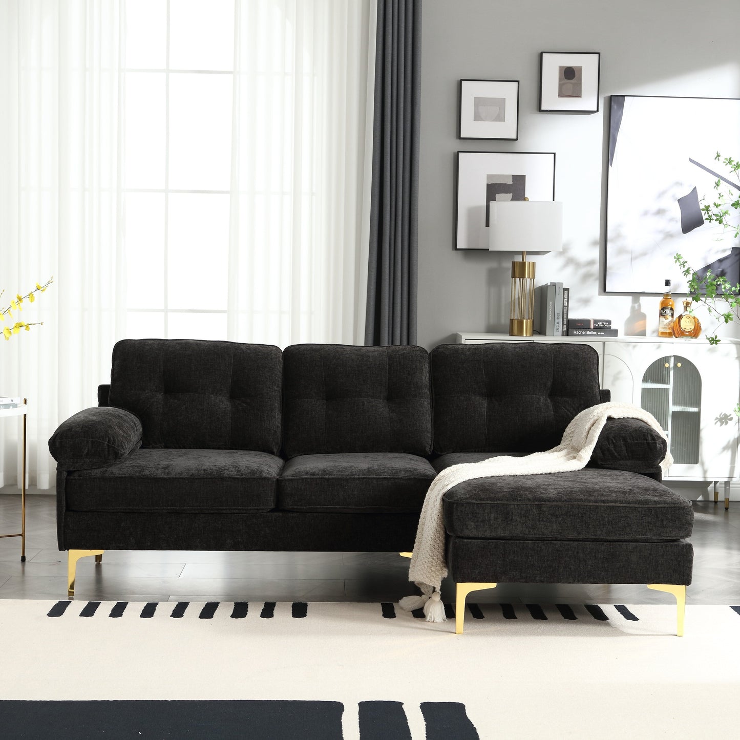 Divano a 3 posti a forma di L in tessuto da 85'', con chaise longue, cuscini rinforzati a molle, struttura in legno e cuscini per la vita