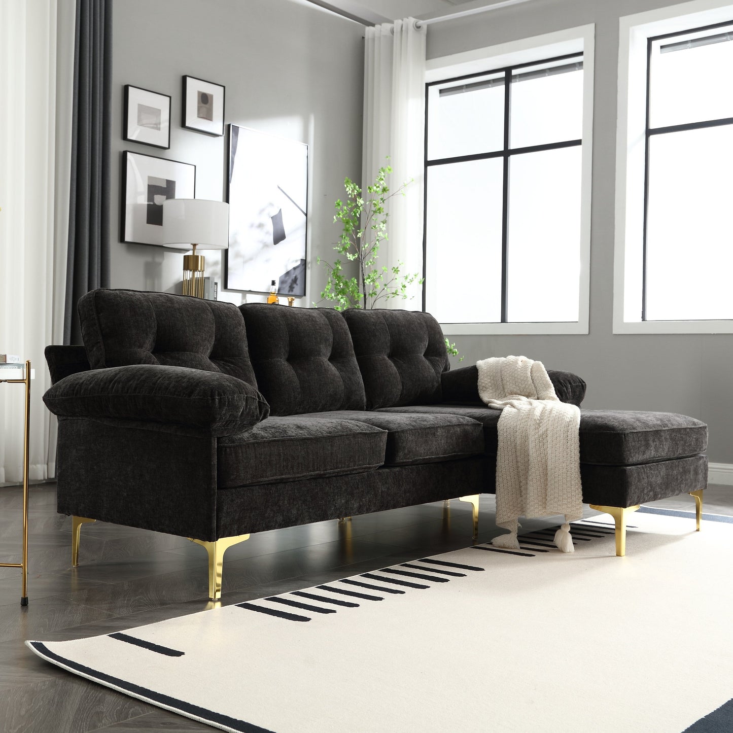 Divano a 3 posti a forma di L in tessuto da 85'', con chaise longue, cuscini rinforzati a molle, struttura in legno e cuscini per la vita
