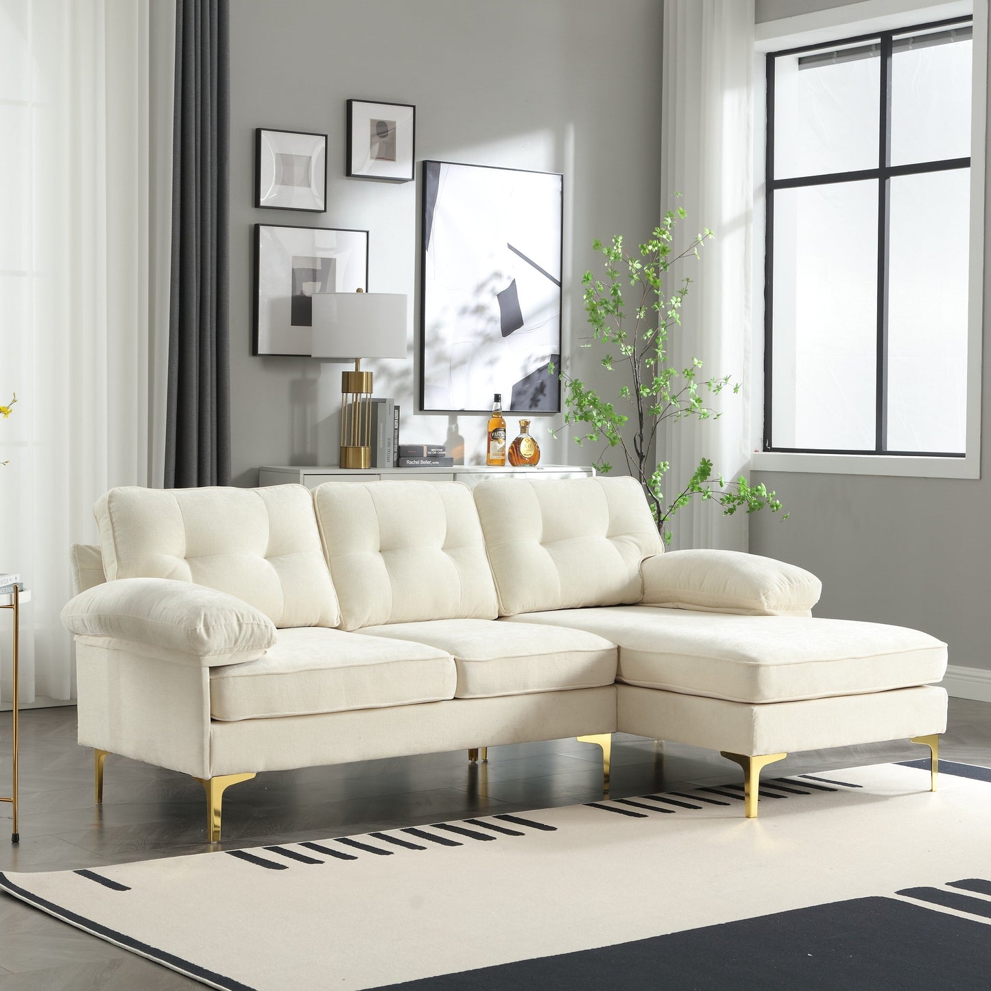 Divano a 3 posti a forma di L in tessuto da 85'', con chaise longue, cuscini rinforzati a molle, struttura in legno e cuscini per la vita