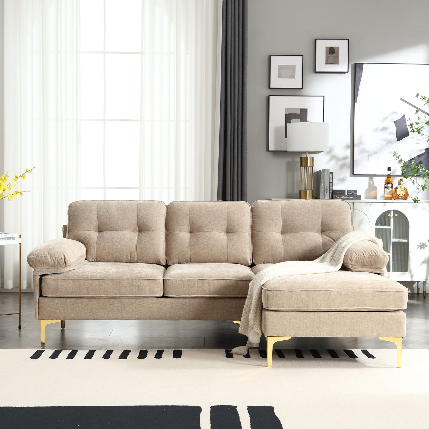 Divano a 3 posti a forma di L in tessuto da 85'', con chaise longue, cuscini rinforzati a molle, struttura in legno e cuscini per la vita