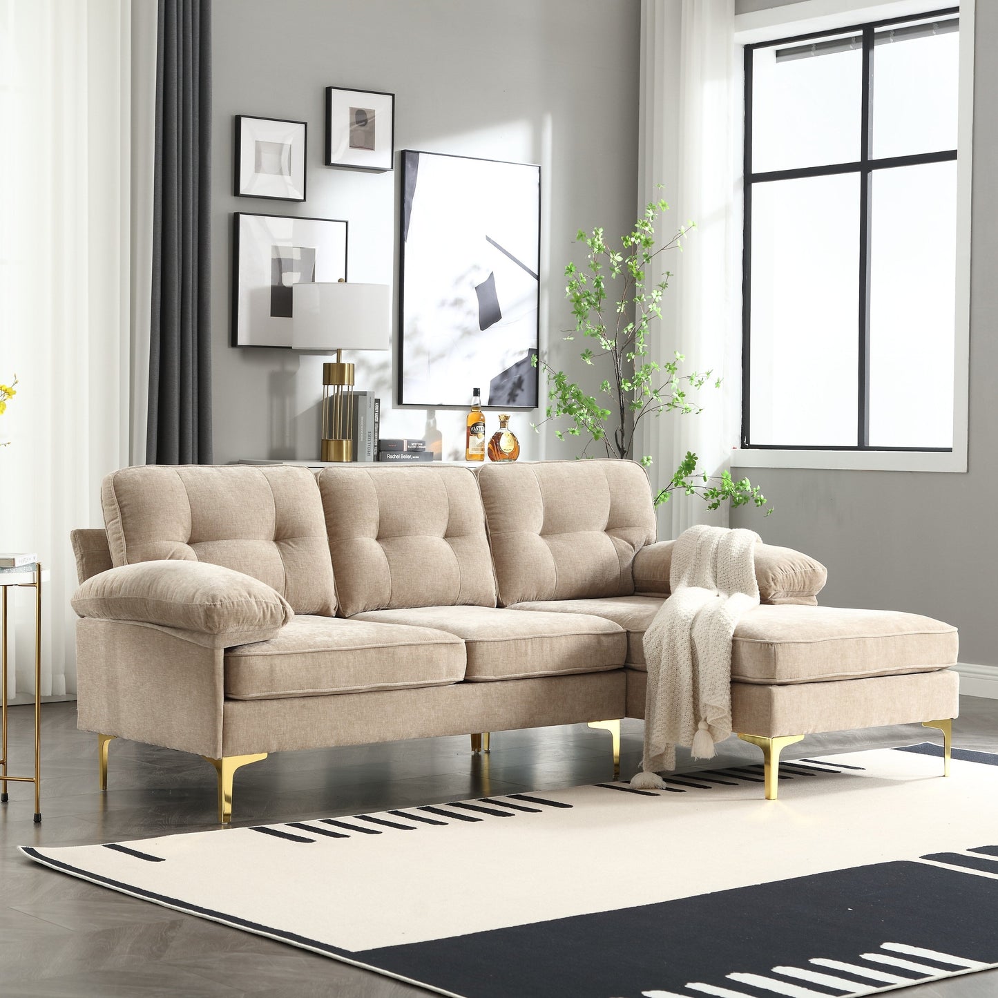 Divano a 3 posti a forma di L in tessuto da 85'', con chaise longue, cuscini rinforzati a molle, struttura in legno e cuscini per la vita