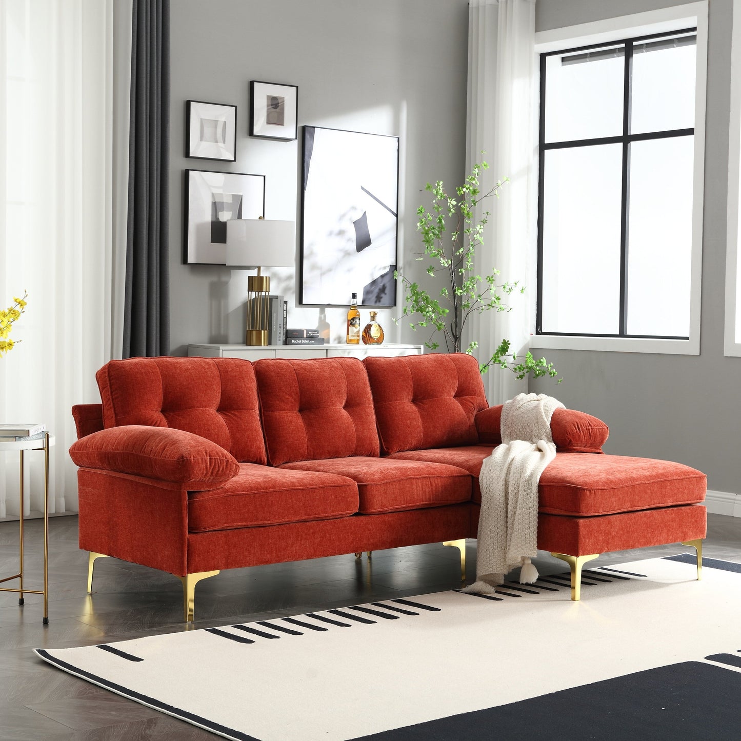 Divano a 3 posti a forma di L in tessuto da 85'', con chaise longue, cuscini rinforzati a molle, struttura in legno e cuscini per la vita
