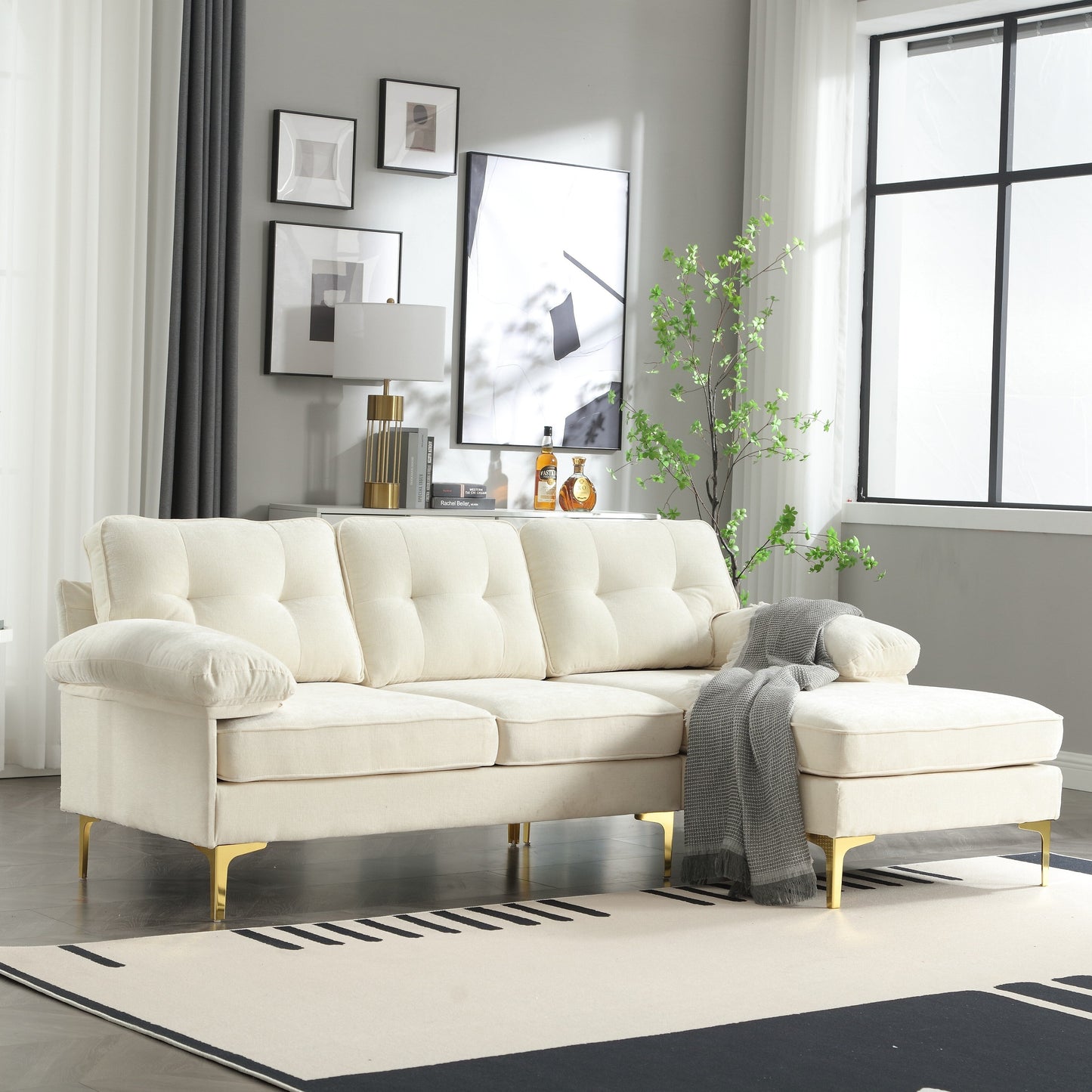 Divano a 3 posti a forma di L in tessuto da 85'', con chaise longue, cuscini rinforzati a molle, struttura in legno e cuscini per la vita
