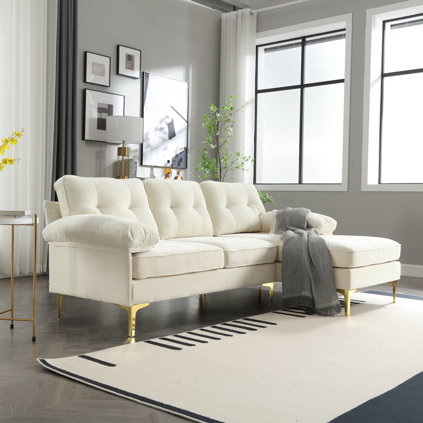 Divano a 3 posti a forma di L in tessuto da 85'', con chaise longue, cuscini rinforzati a molle, struttura in legno e cuscini per la vita
