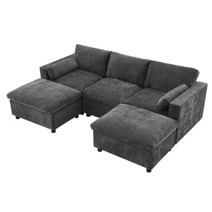 Divano componibile in ciniglia a forma di U da 86,5 pollici con tasche portaoggetti, 2 pouf mobili e cuscini decorativi per il soggiorno