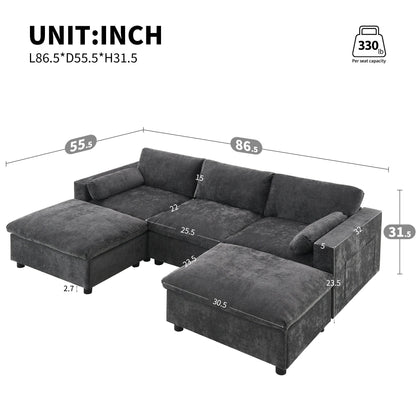 Divano componibile in ciniglia a forma di U da 86,5 pollici con tasche portaoggetti, 2 pouf mobili e cuscini decorativi per il soggiorno