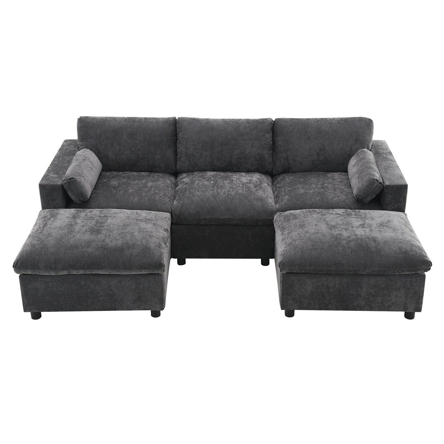 Divano componibile in ciniglia a forma di U da 86,5 pollici con tasche portaoggetti, 2 pouf mobili e cuscini decorativi per il soggiorno